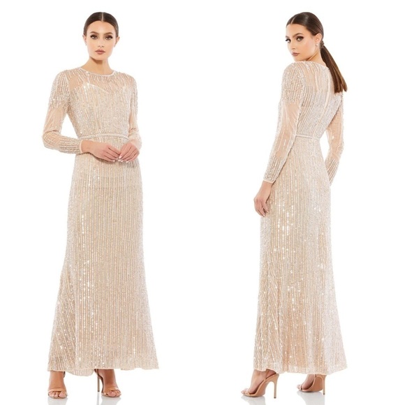FAIR Mac Duggal Gown Sequined Illusion High-Neck Long-Sleeve Trumpet Rose Gold 2 - Picture 1 of 11